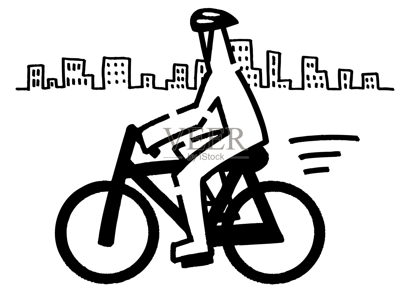 戴着头盔骑着自行车的简笔画。插画图片素材