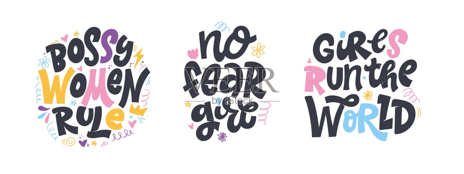 女权主义的口号。女孩权力语录集，手绘字母矢量设计，孤立在白色上。妇女励志词铭文t恤，海报，标语牌，贴纸，明信片和墙壁艺术。插画图片素材