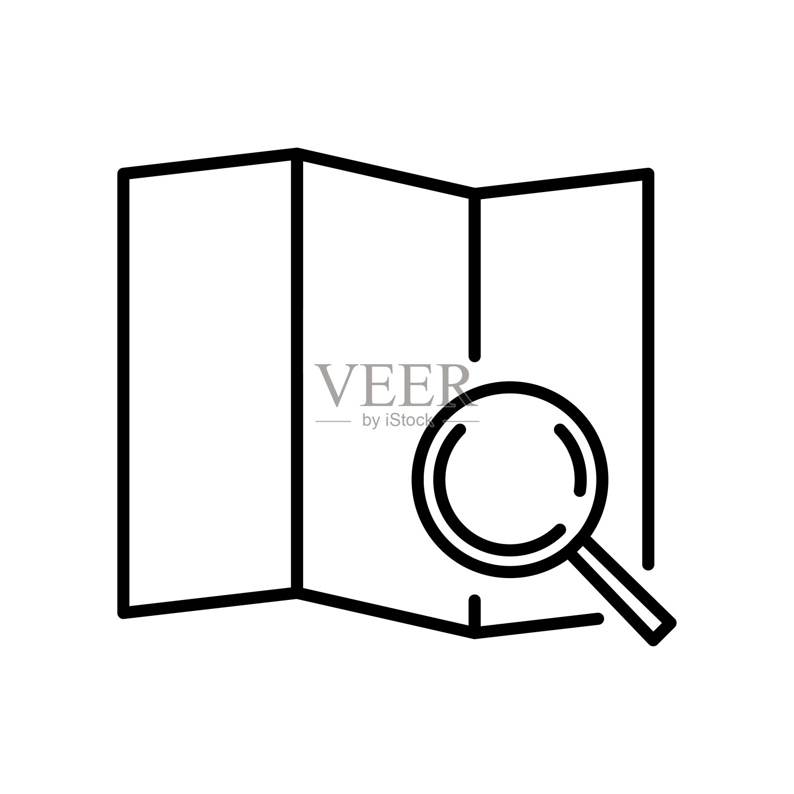 带放大镜的纸质地图。线性图标。插画图片素材