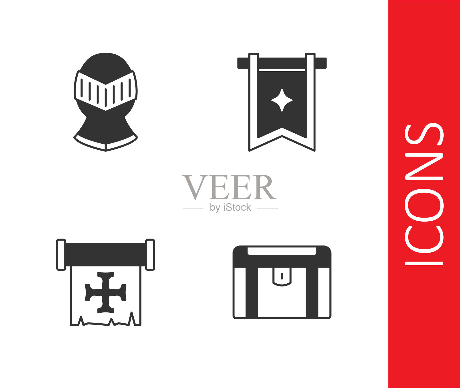 设置古董宝箱，中世纪头盔，十字军和旗帜图标。向量图标素材