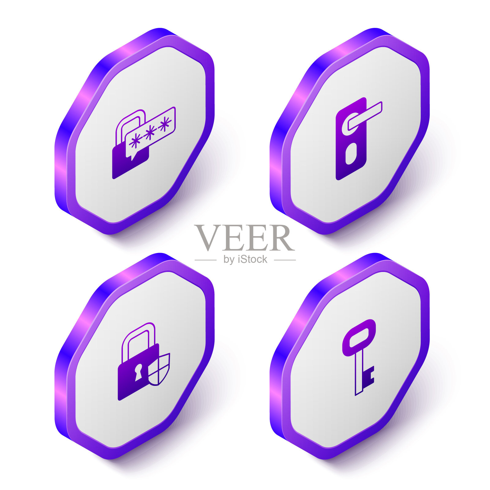 设置等距网络安全，指纹门锁，盾牌与旧钥匙图标。紫色六角形扣子。向量图标素材