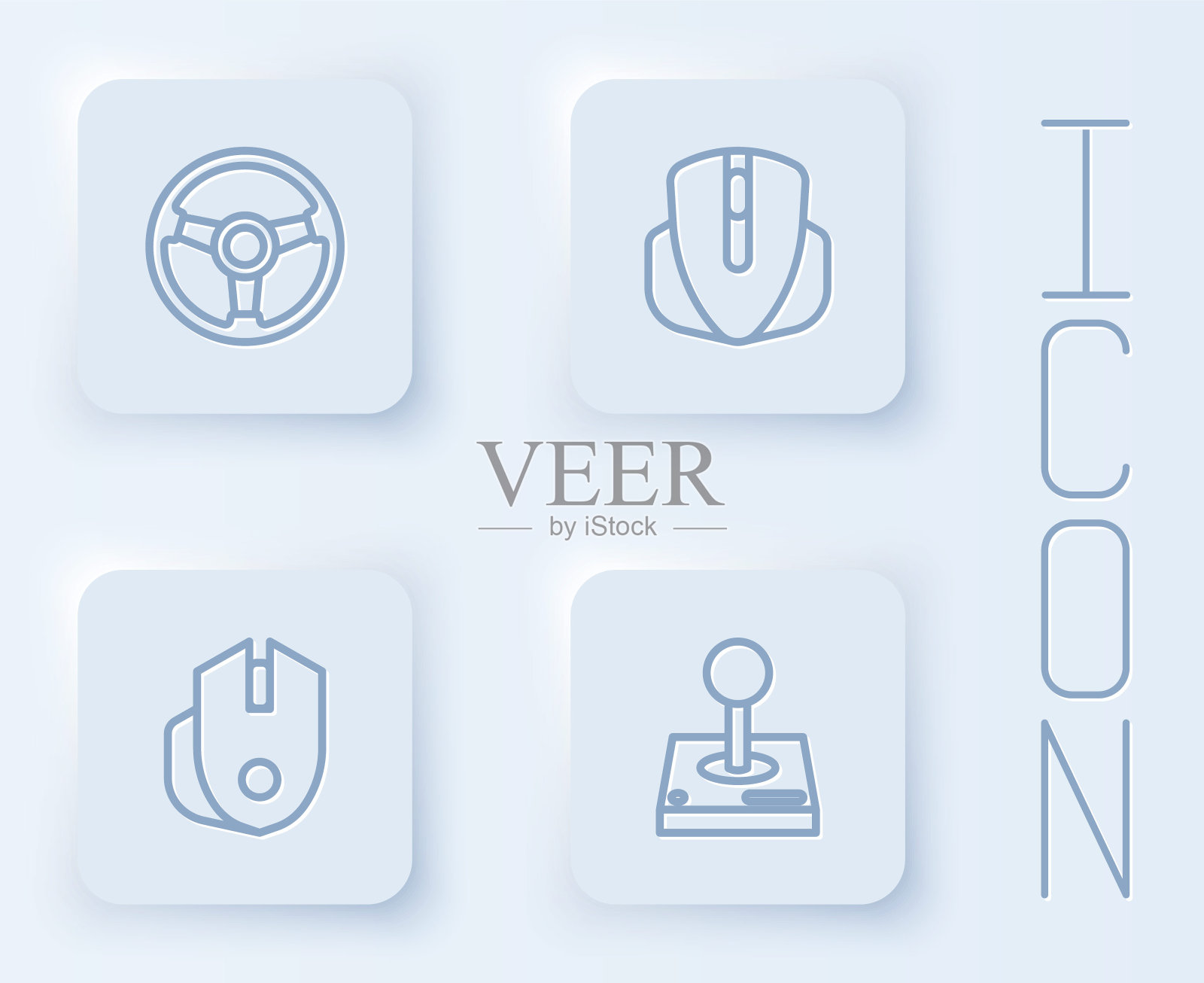 设定线赛车模拟器，电脑鼠标，和摇杆的街机。白色方形按钮。向量插画图片素材