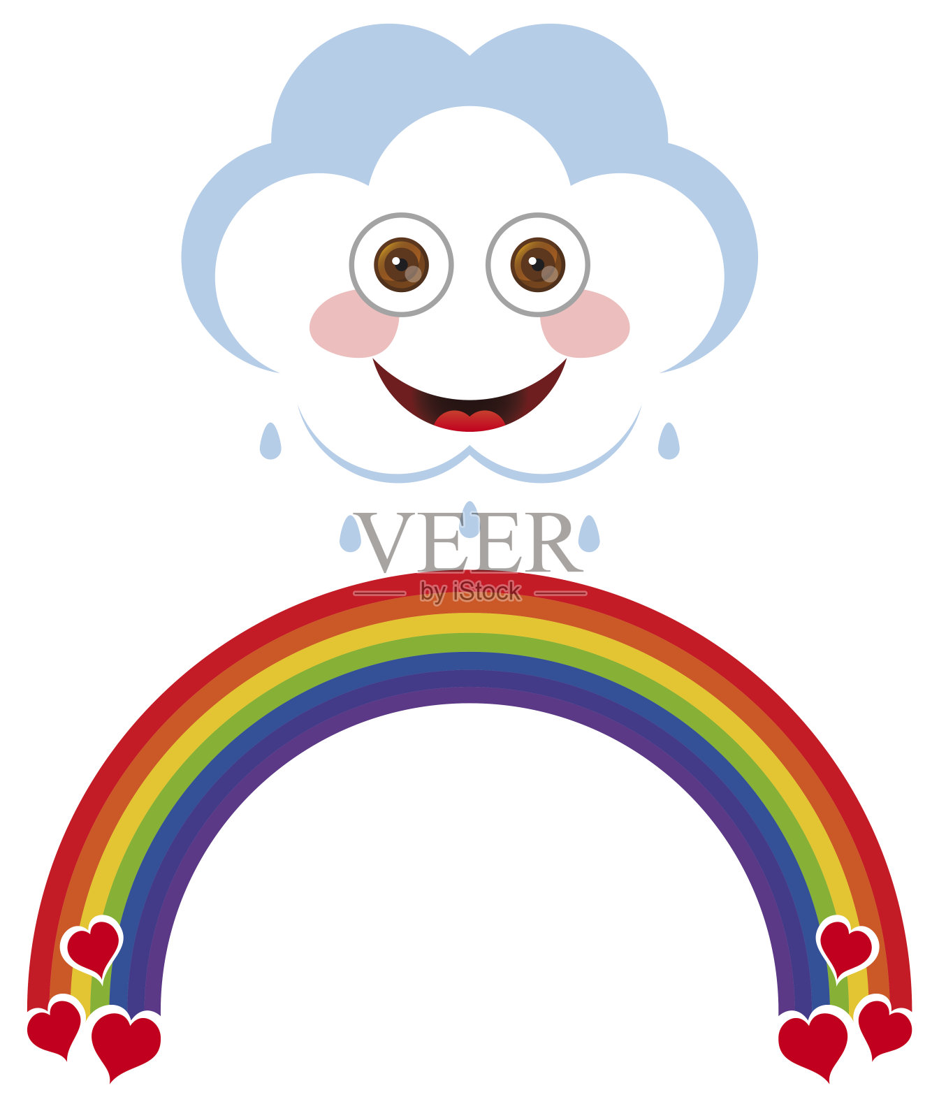 微笑的云滴下雨点，彩虹与心插画图片素材