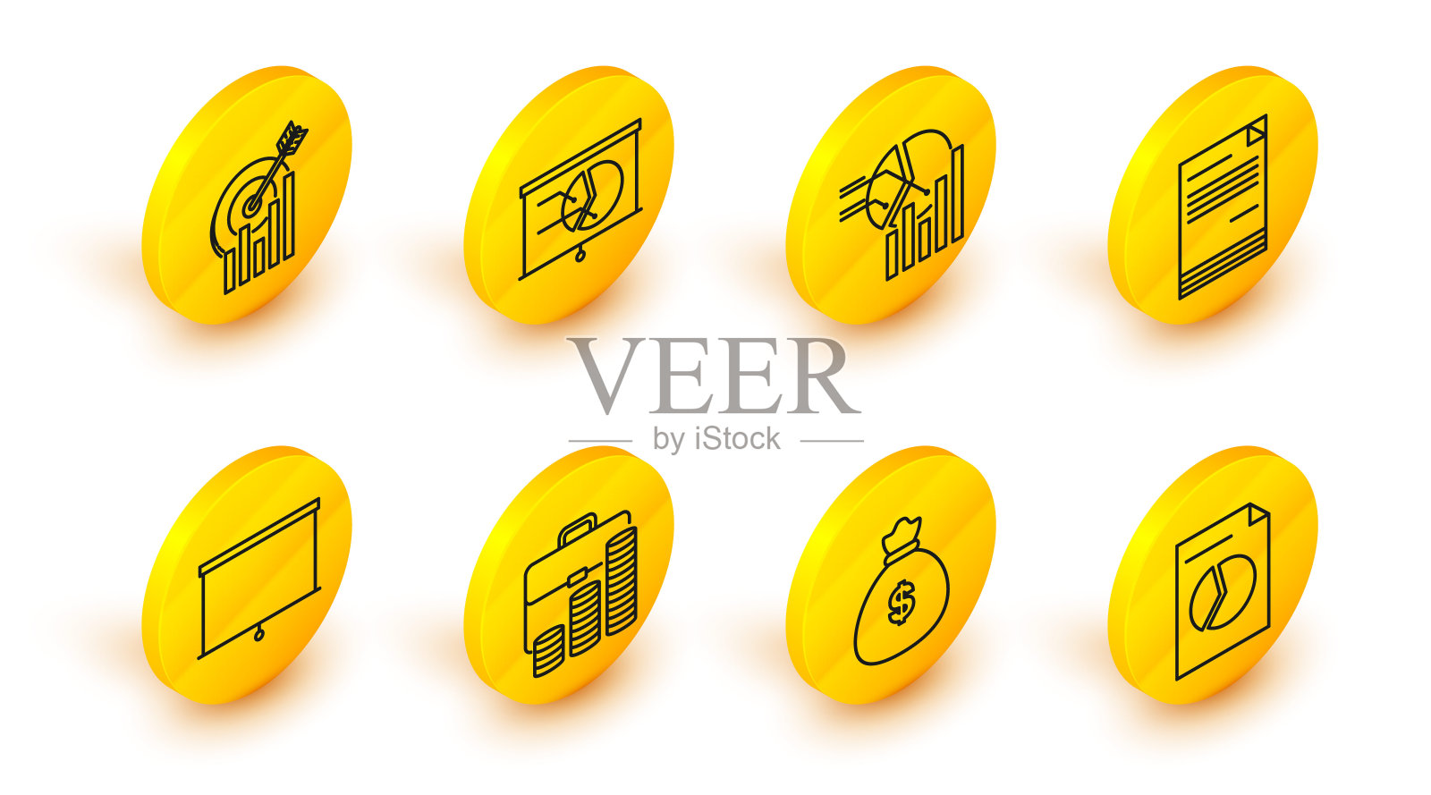 设置线文件图表，钱袋，公文包和硬币，黑板，饼信息图，董事会和目标图标。向量图标素材