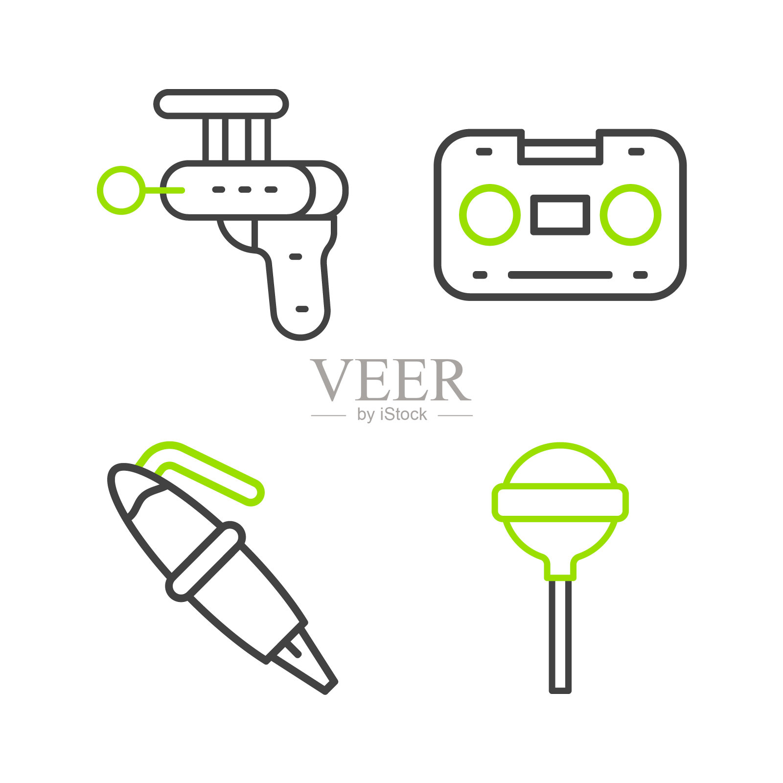 设定线棒棒糖，钢笔笔尖，复古音频卡带和雷枪图标。向量图标素材