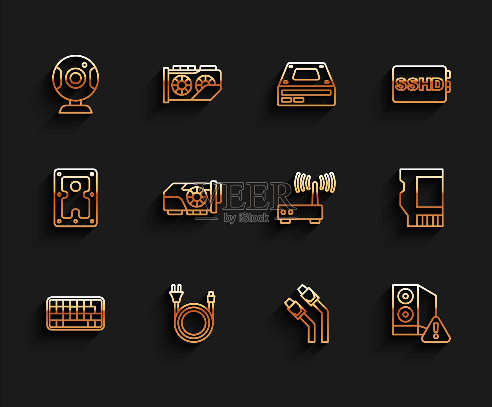 设置线路键盘，电源插头，网络摄像头，局域网电缆网络，电脑机箱，显卡，SD和路由器及wi-fi信号图标。向量图标素材