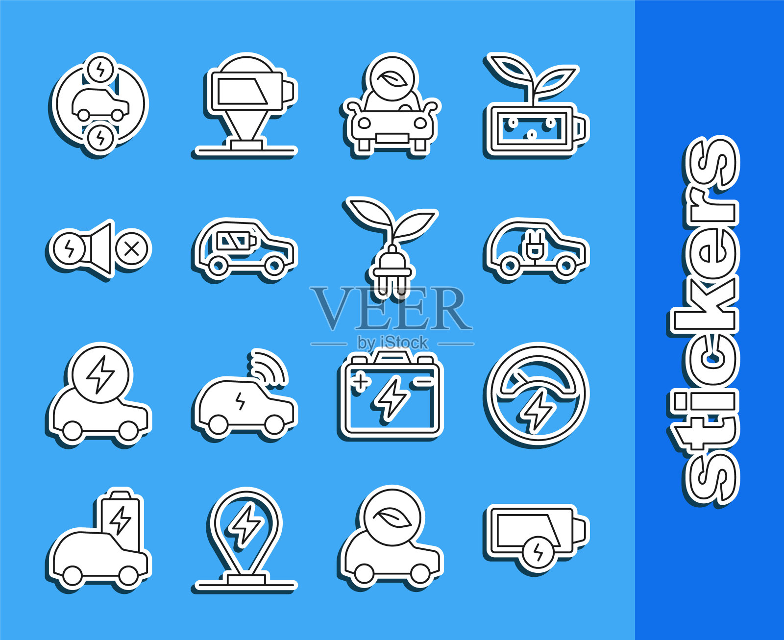 设置线路低电量，电压表，电动汽车，环保，电机，和节省插头在叶子图标。向量图标素材