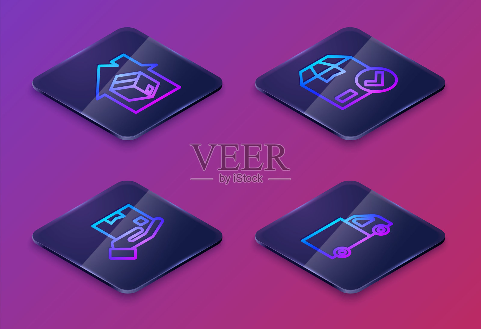 设置等距线送货上门服务，送货手带箱子，包装检查标志和货车。蓝色方框按钮。向量插画图片素材