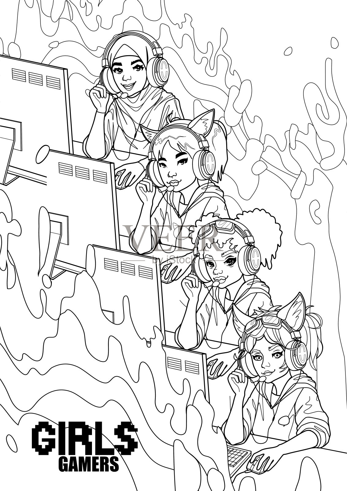 团队不同的女孩游戏玩家或主播坐在一个头戴式耳机的电脑前。插画图片素材