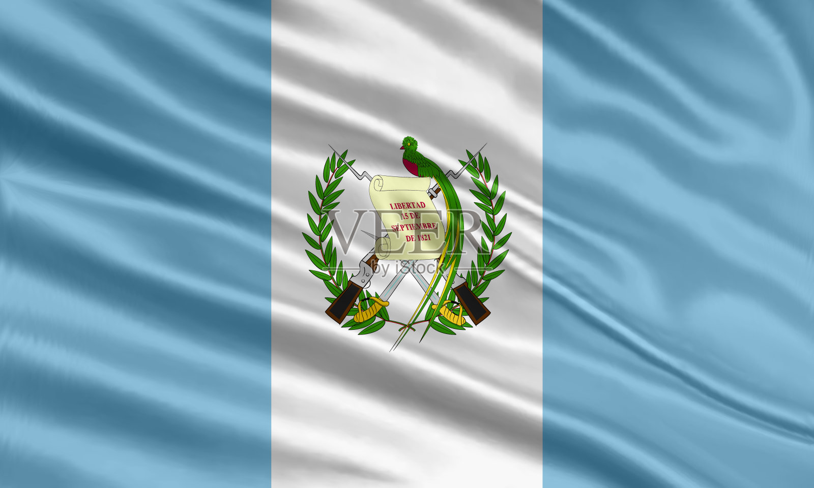 危地马拉国旗设计。挥舞着用缎子或真丝织物制成的危地马拉国旗。矢量插图。插画图片素材