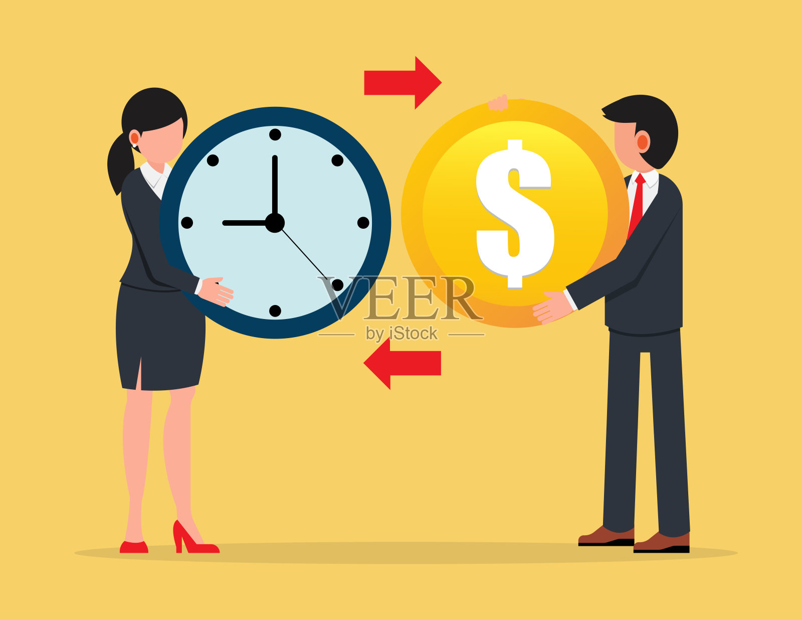 以时间换取金钱，以工作换取工资的观念。女商人拿着钟表，男商人拿着一美元硬币来支付工作费用。插画图片素材