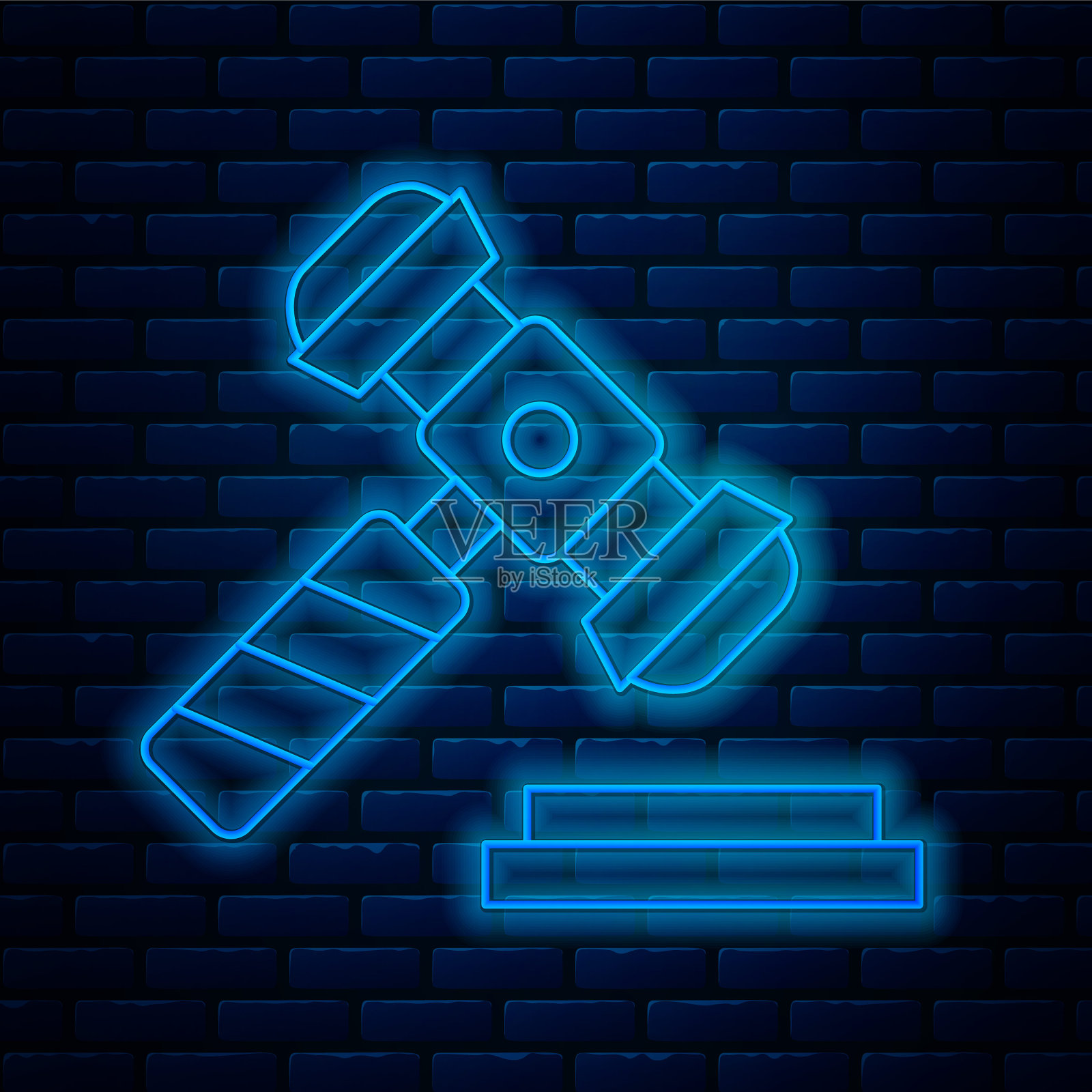 霓虹线条法槌拍卖锤图标，砖墙背景插画图片素材