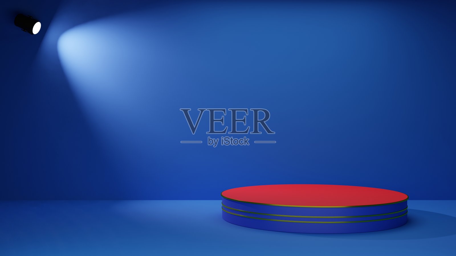 蓝色的讲台，蓝色的房间里有聚光灯。3 d渲染。照片摄影图片