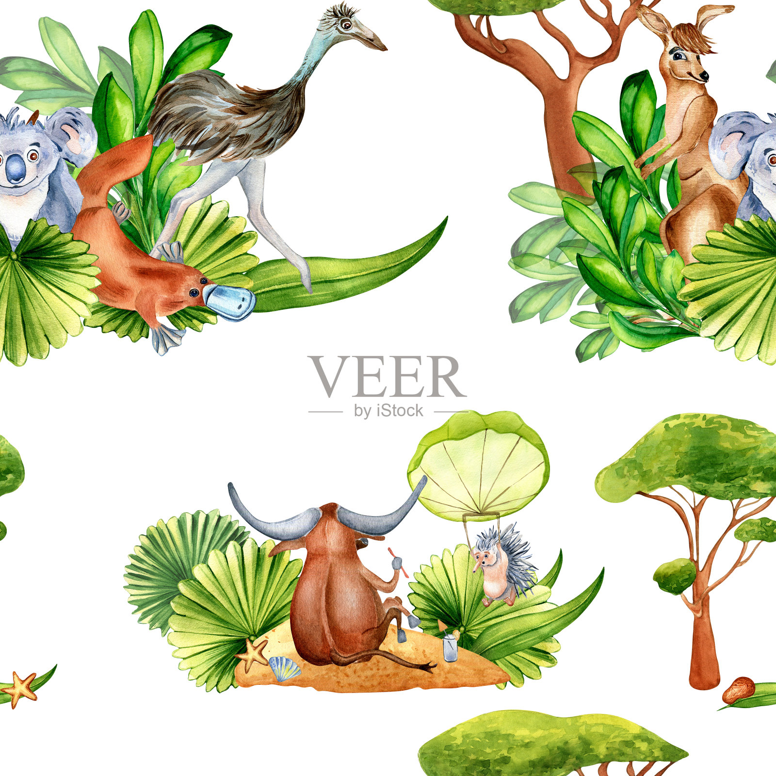 卡通动物水彩画无缝图案孤立在白色上。插画图片素材