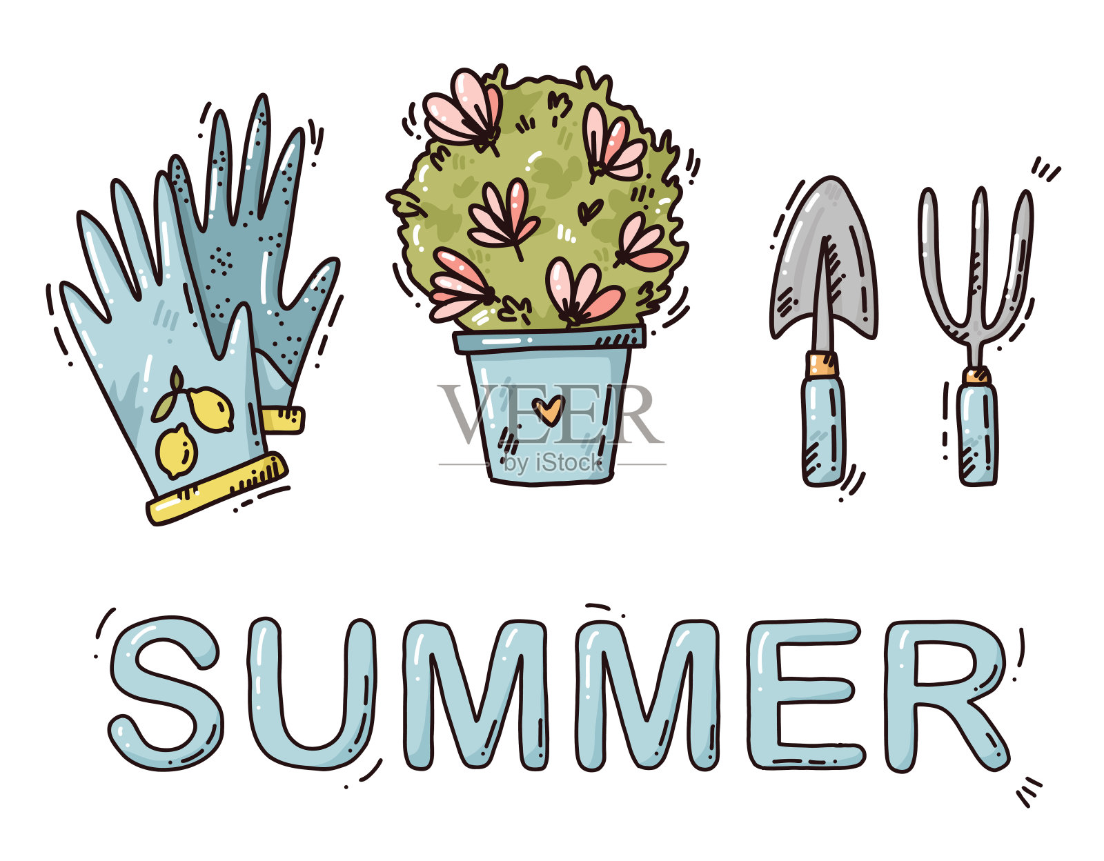 可爱的园艺工具和植物卡片插画图片素材