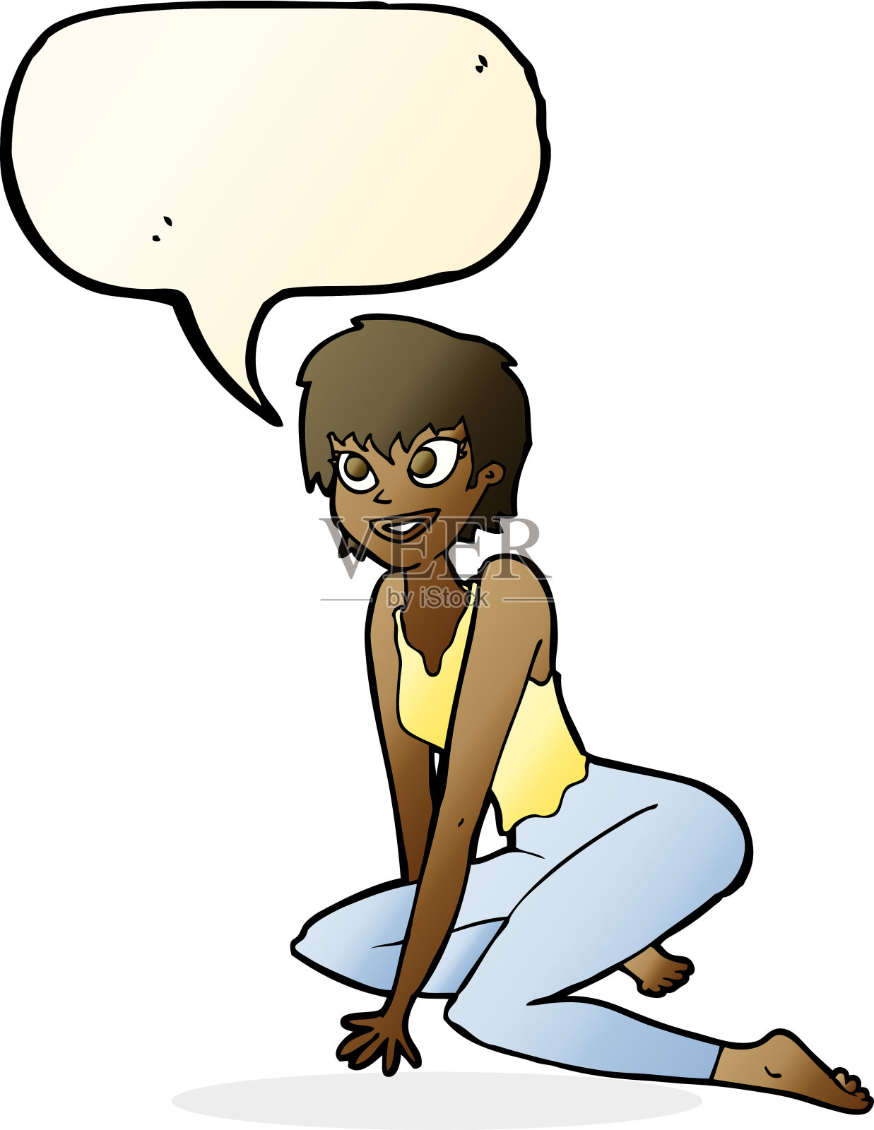 卡通快乐女人坐在地板上说话泡泡插画图片素材