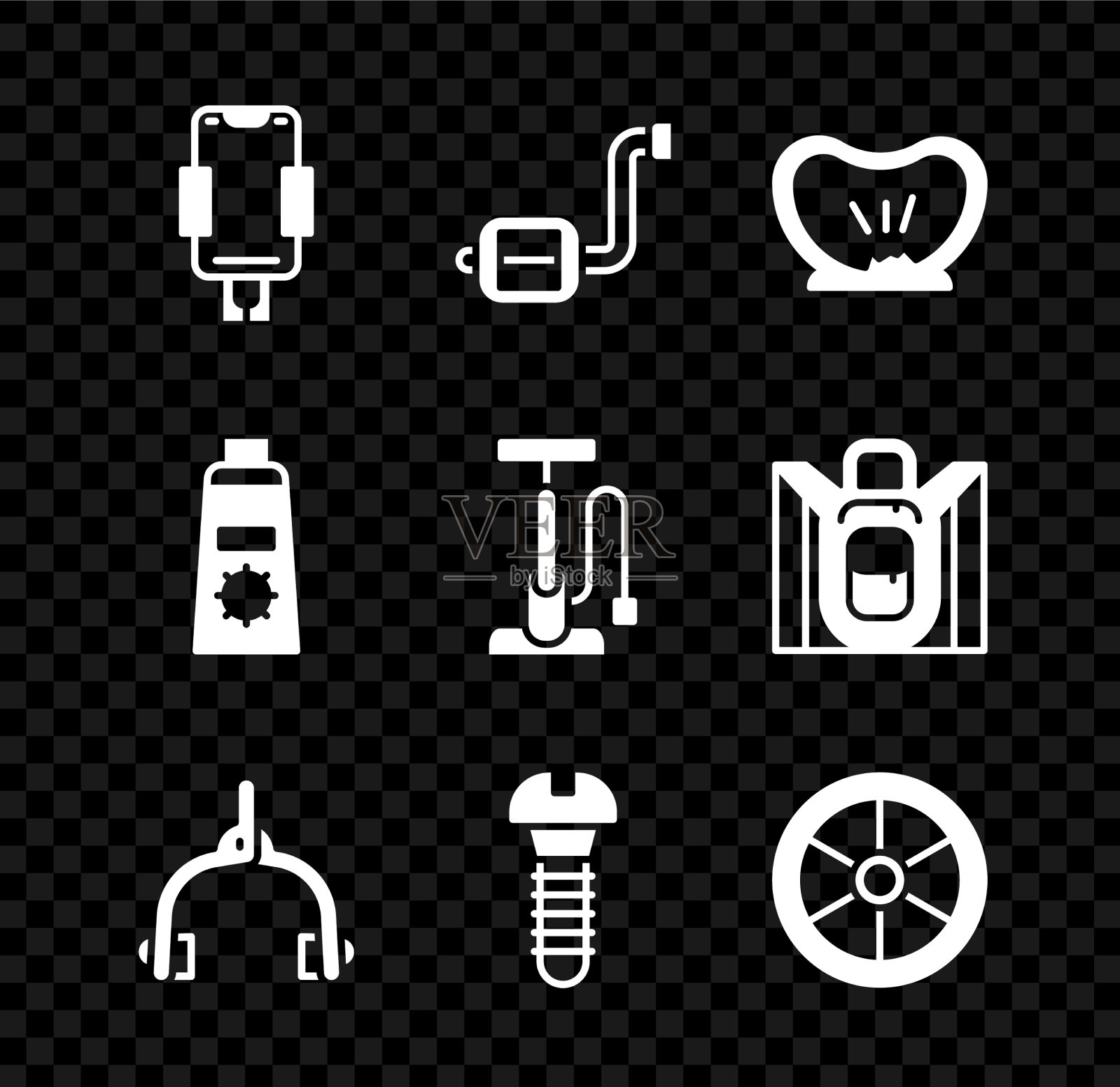 设置移动支架自行车踏板被刺破轮胎图标素材