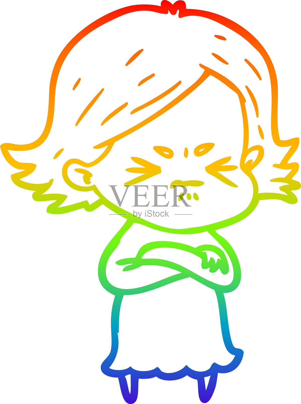 彩虹渐变线画一个卡通愤怒的女人插画图片素材