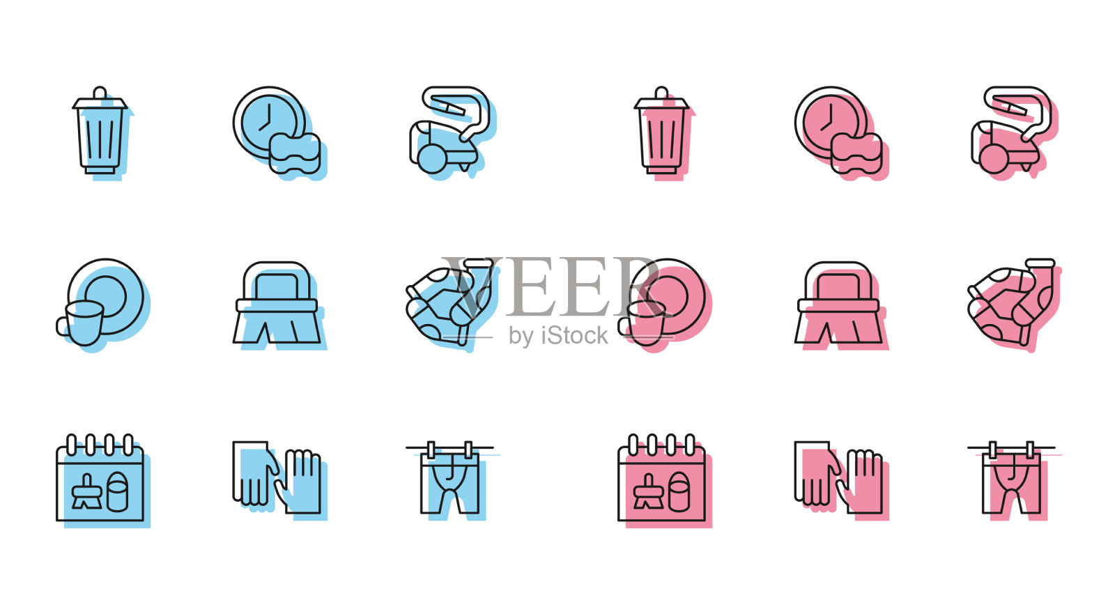 设置行清洁日历橡胶手套垃圾图标素材