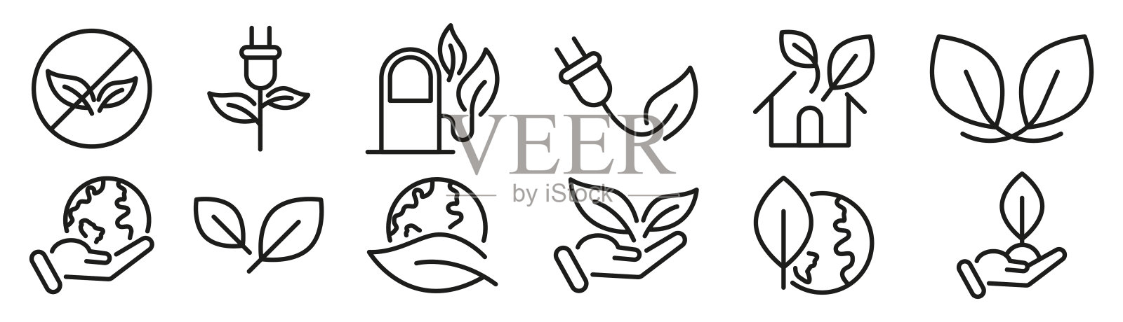 生态友好的线路图标设置。生态世界。环保的概念。线性生态图标。图标素材