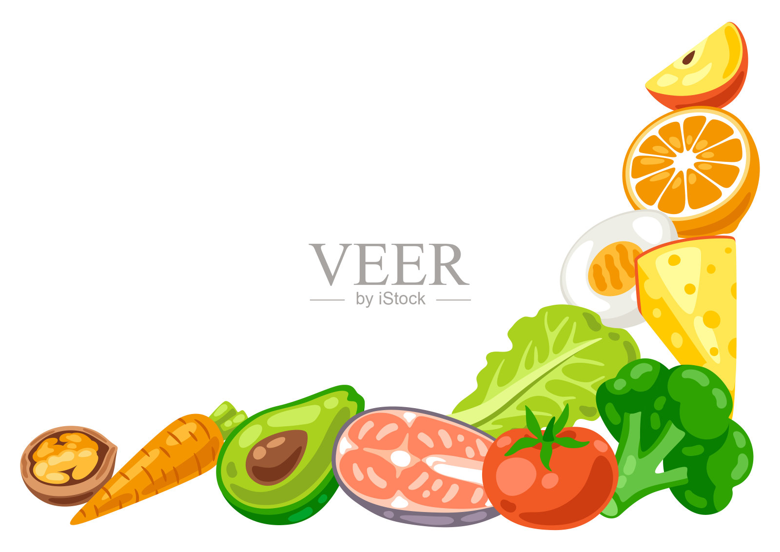 健康饮食和减肥餐的背景。水果，蔬菜和蛋白质，以获得适当的营养。插画图片素材