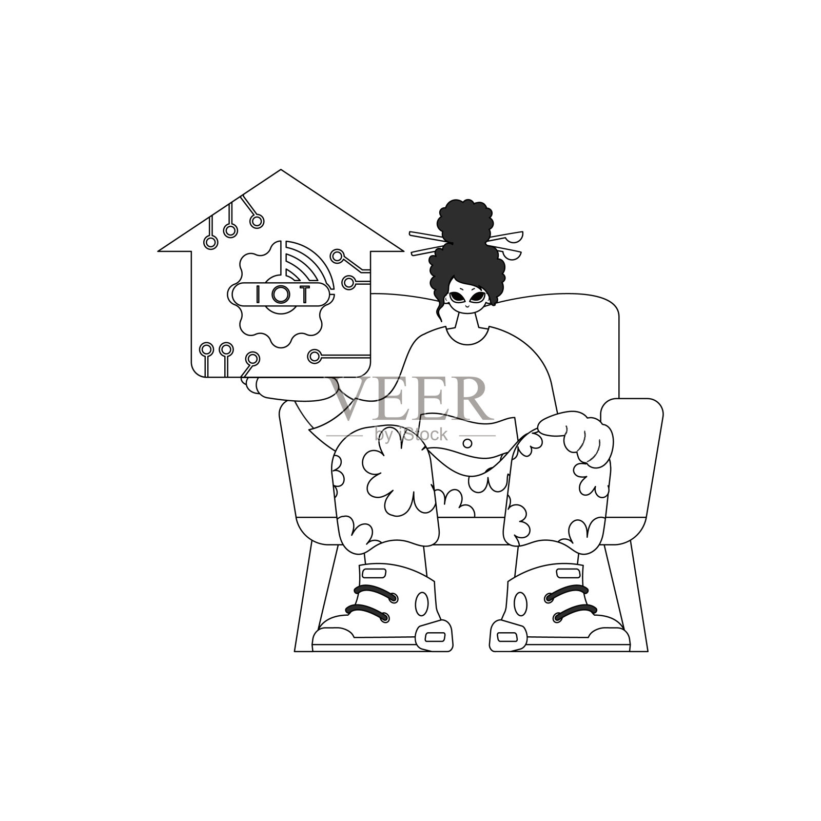 女孩持有物联网标志矢量线性设计插画图片素材