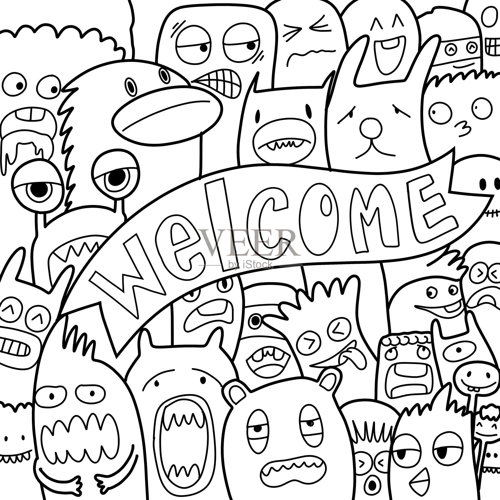 手绘插画，怪兽涂鸦，手绘卡通怪兽插画，卡通人群涂鸦手绘涂鸦风格。黑白条纹填色书。插画图片素材