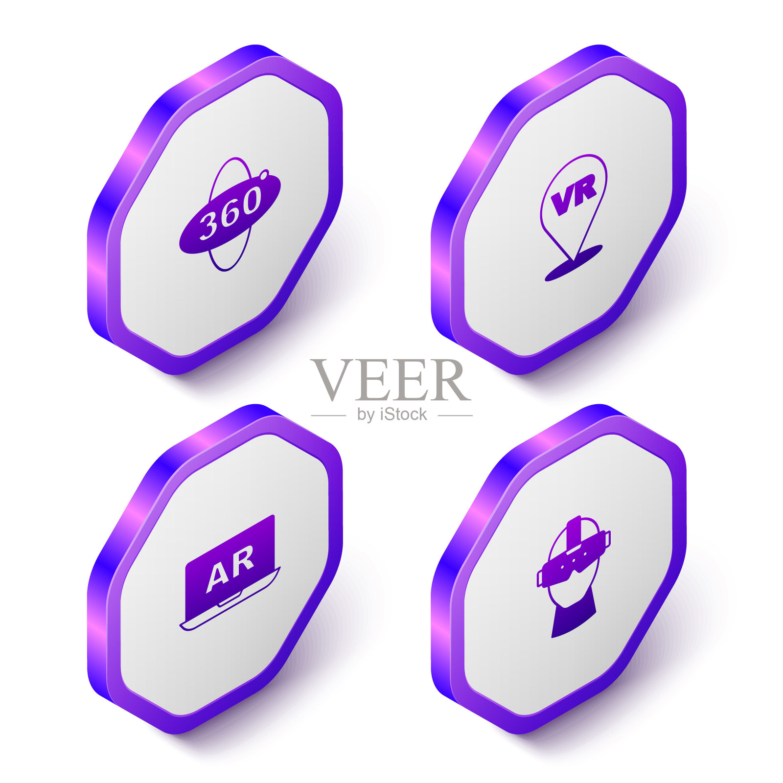设置等距360度视图，虚拟现实，增强现实和眼镜图标。紫色六角形扣子。向量图标素材