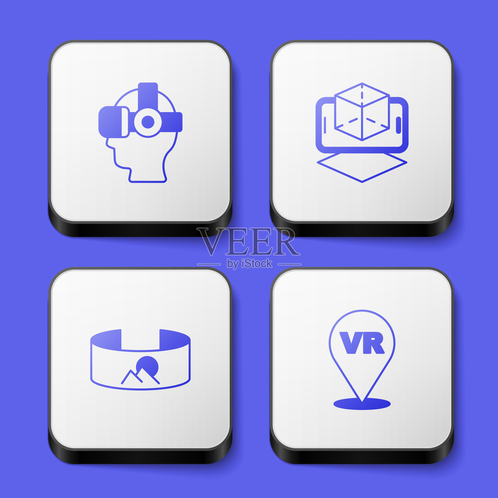 设置虚拟现实眼镜，3d建模，360度视图和图标。白色方形按钮。向量图标素材