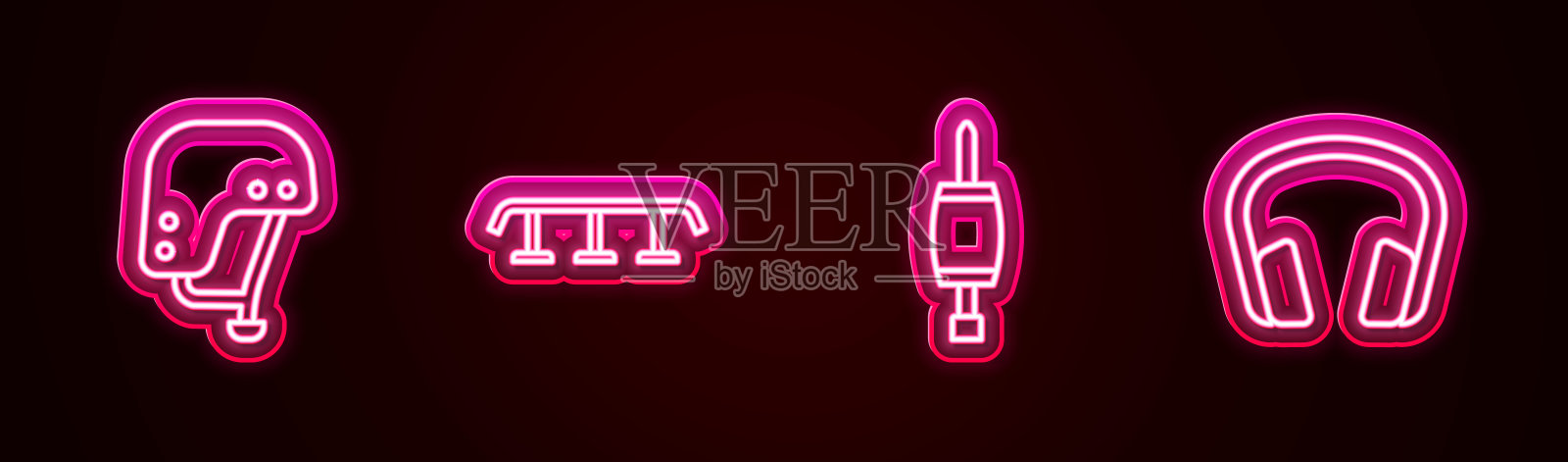 设置线滑板头盔，楼梯与轨道，螺丝刀和耳机。发光的霓虹灯图标。向量图标素材