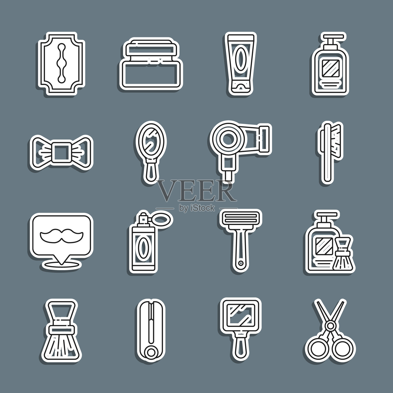 集线剪刀美发师，剃须凝胶泡沫和刷，发刷，膏乳液化妆品管，手镜，领结，刀片剃须刀和烘干机图标。向量图标素材