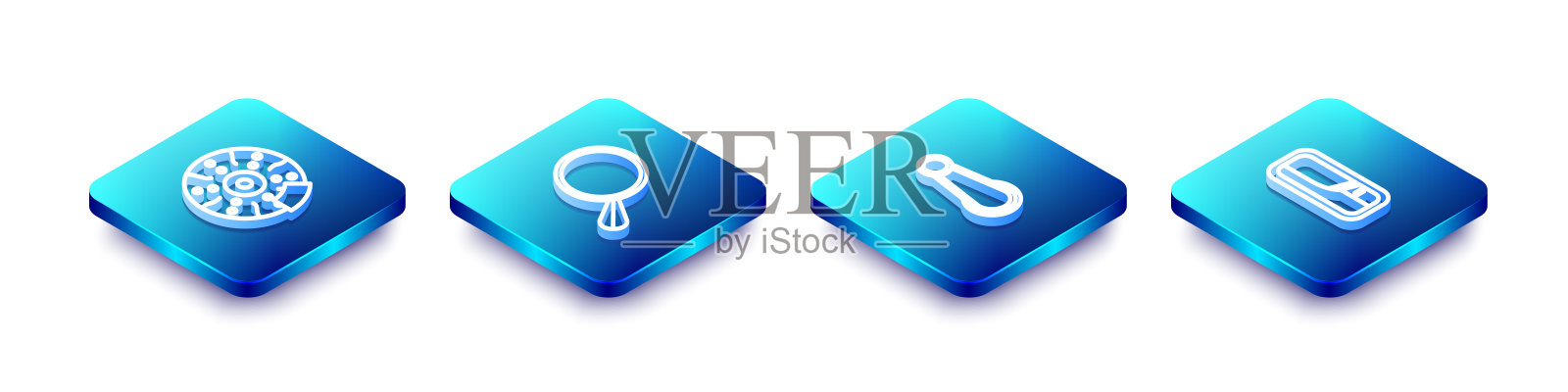 设置等距线汽车制动盘卡尺，镜子，门把手和图标。向量图标素材