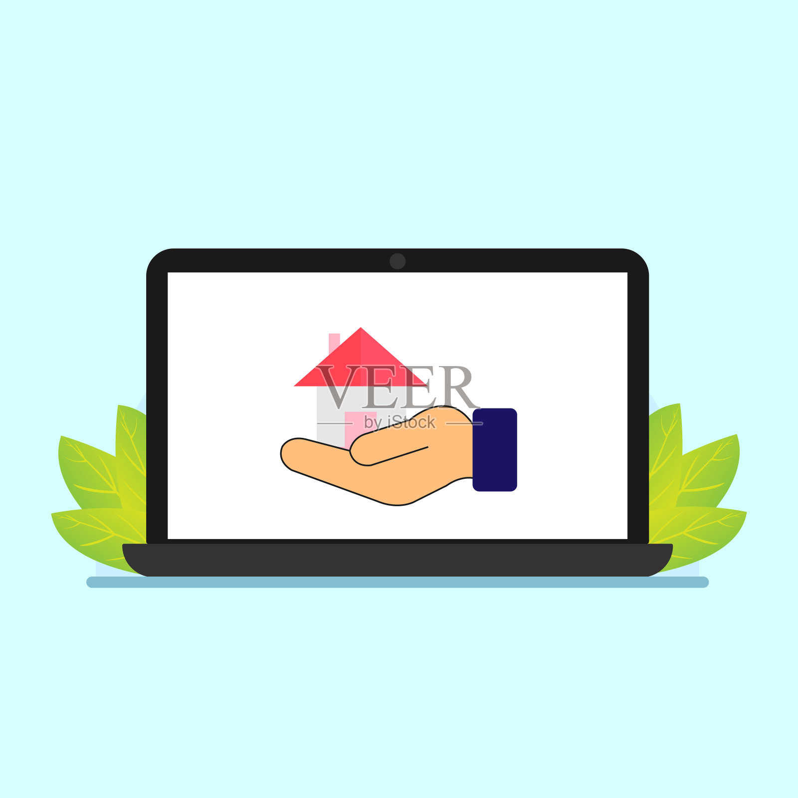 男人的手把房子握在手心。平的风格。插画图片素材