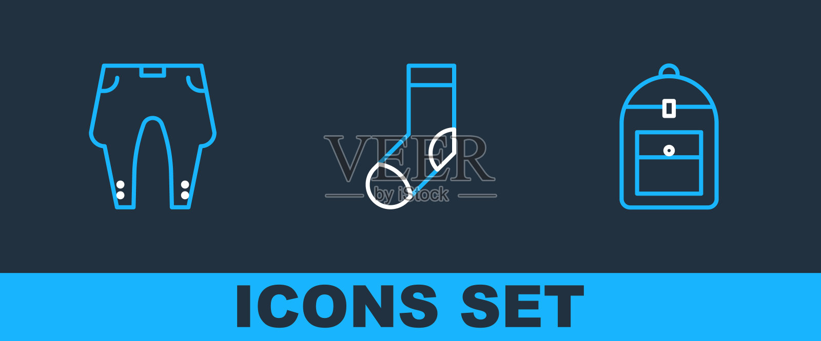 设置线背包，裤子和袜子图标。向量图标素材