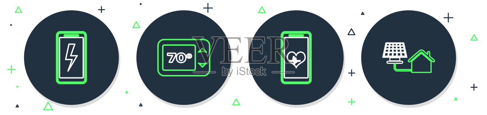 设置线恒温器，移动与wi-fi无线，充电电池和住宅太阳能电池板图标。向量图标素材