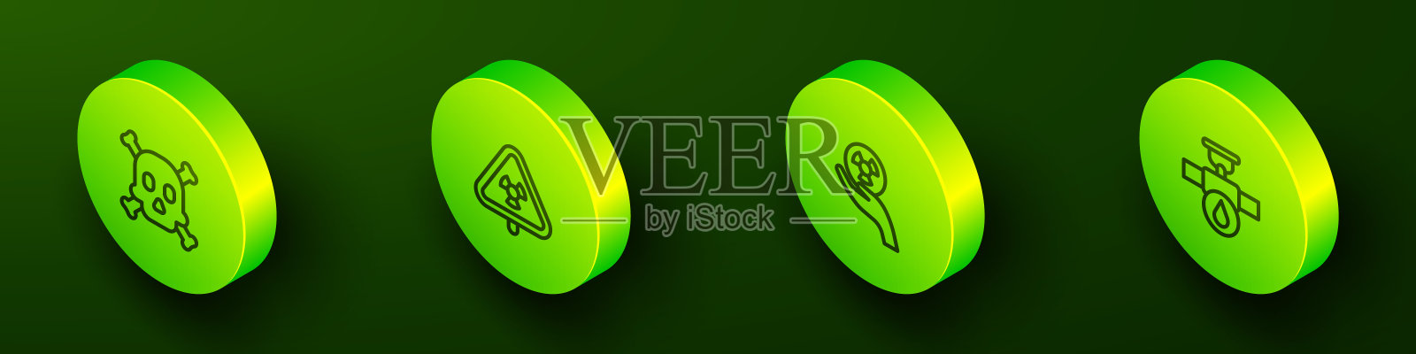 设置等距线骨骼和头骨警告，三角形与辐射，放射性和工业管道阀门图标。向量图标素材