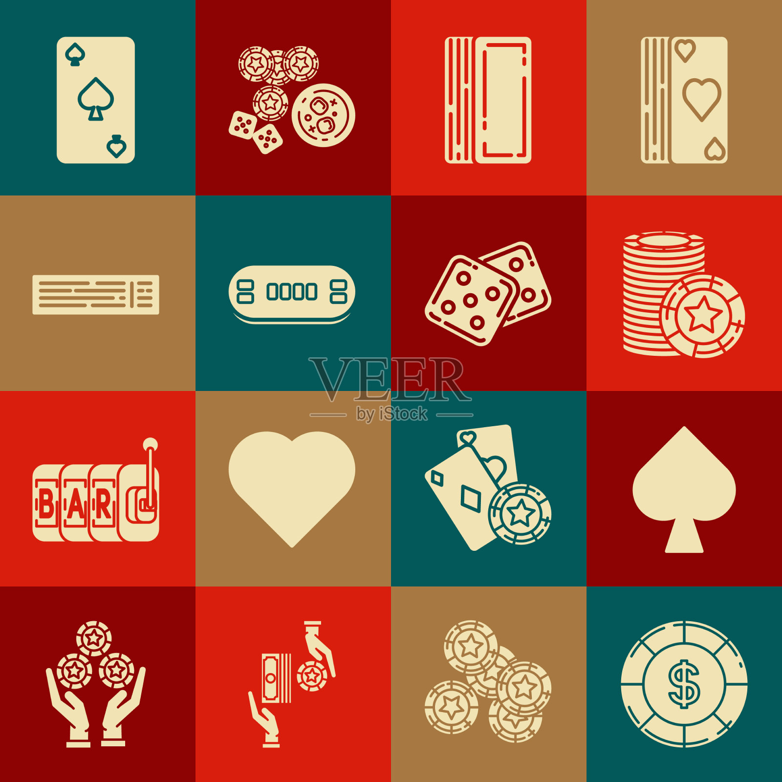 设置赌场筹码与美元符号扑克牌图标素材