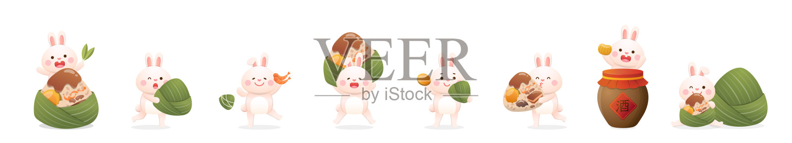 可爱的兔子用中国端午节的传统食物粽子，用竹叶包着糯米，中文译作:酒插画图片素材