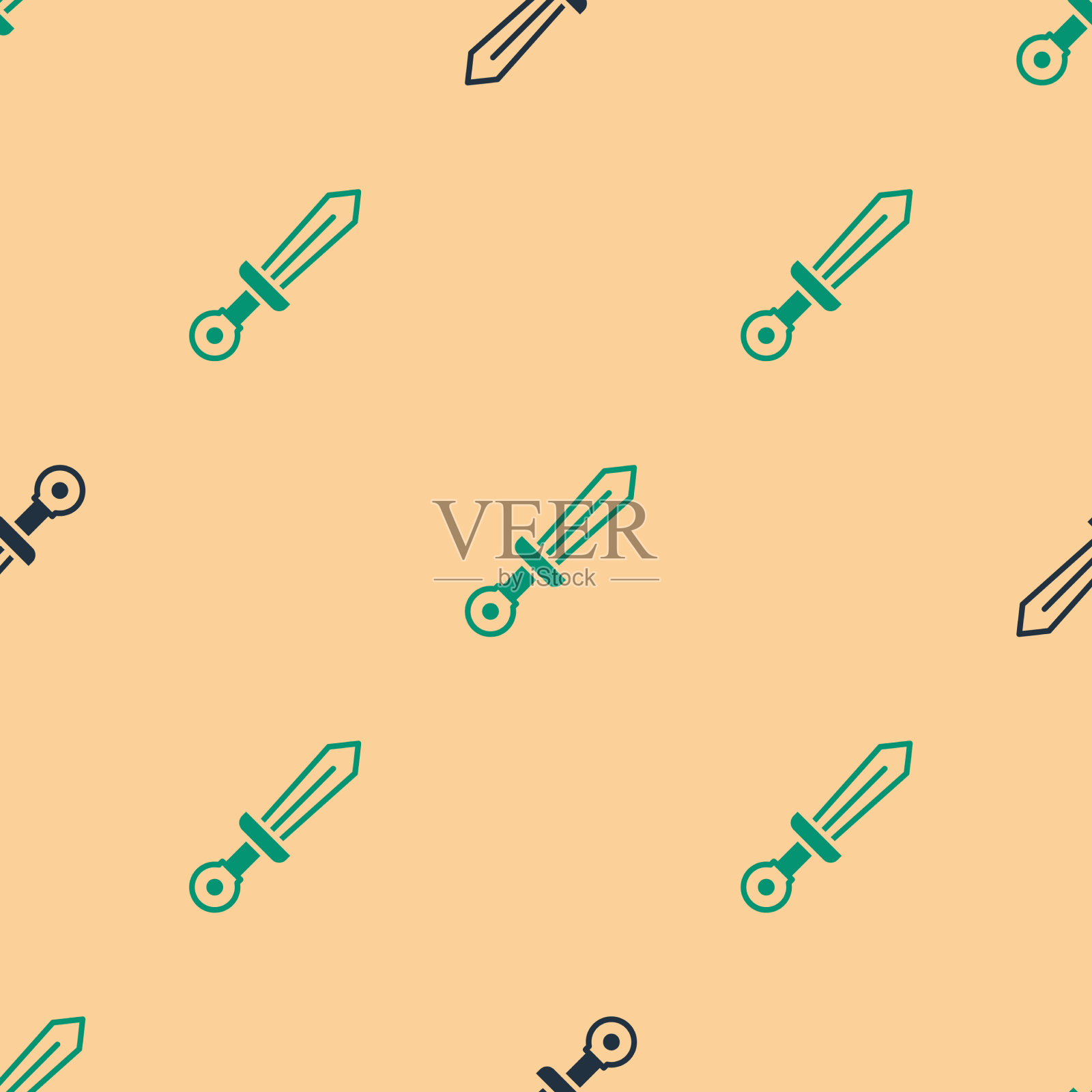 绿色和黑色的中世纪剑图标隔离插画图片素材