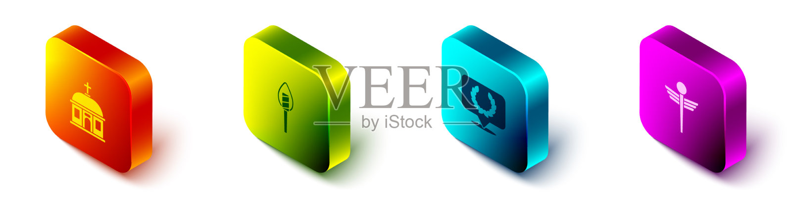 设置等距圣托里尼建筑火炬火焰图标素材