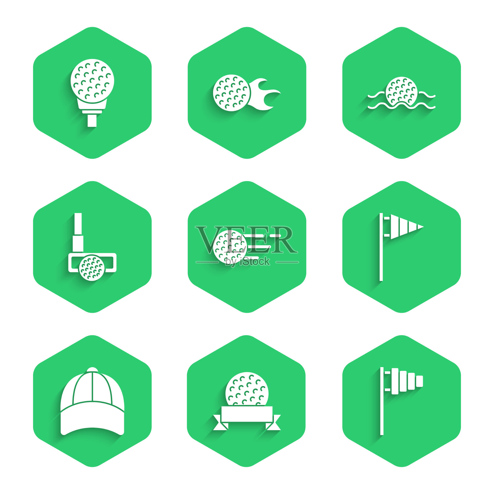 设置高尔夫球旗帜棒球帽俱乐部与图标素材