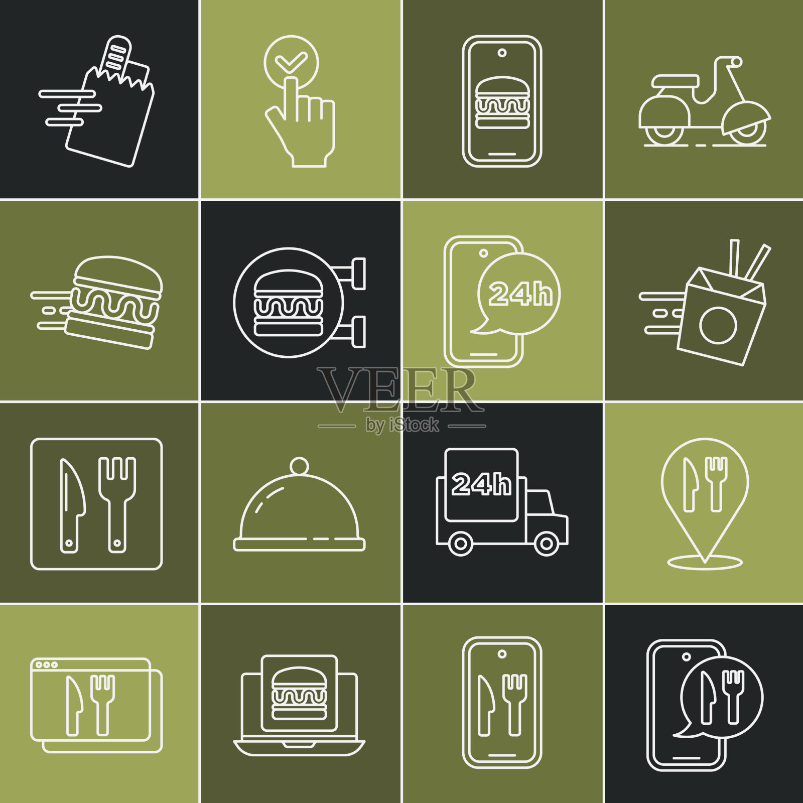 设线上订餐及送餐咖啡厅图标素材