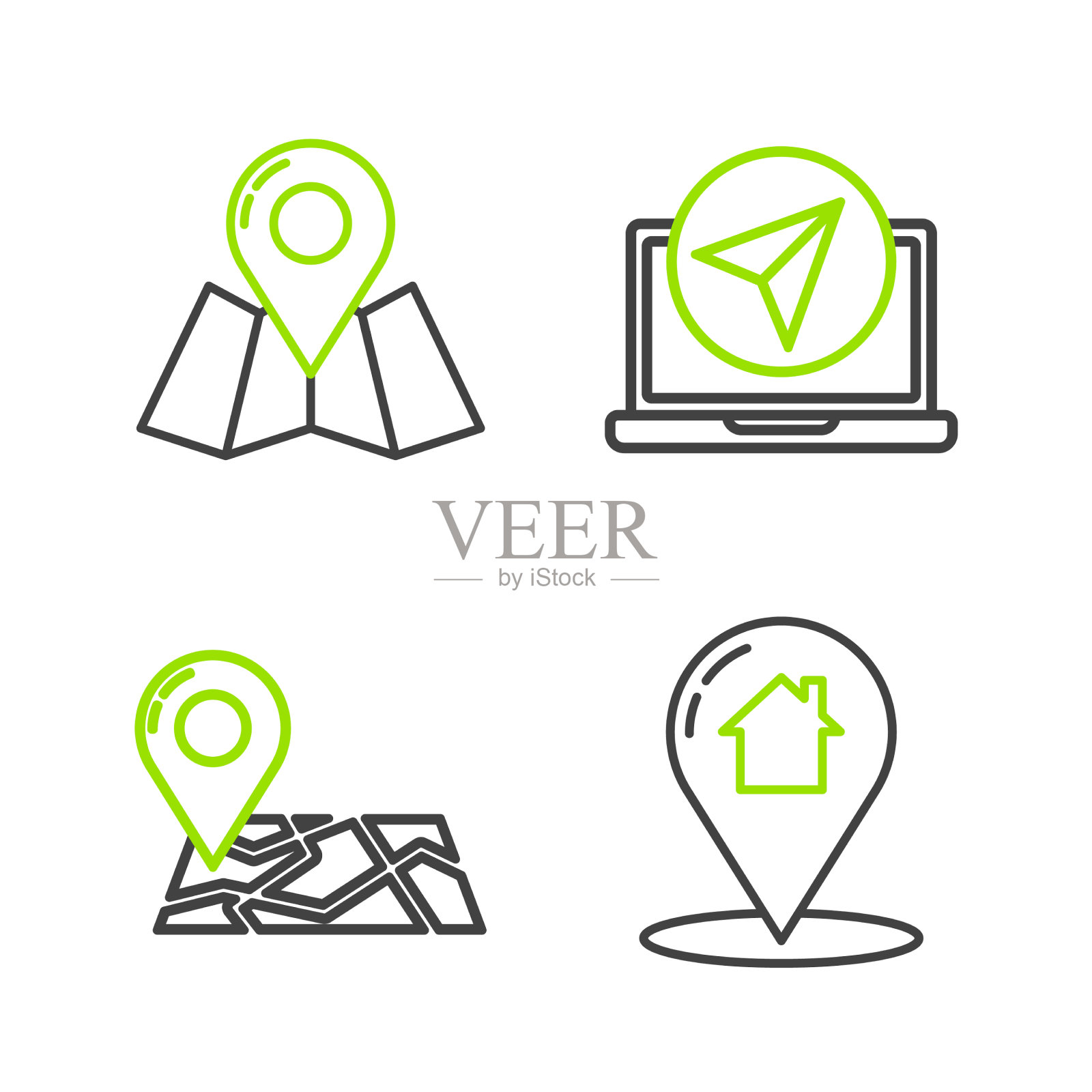 设置线地图指针与房屋折叠地图图标素材