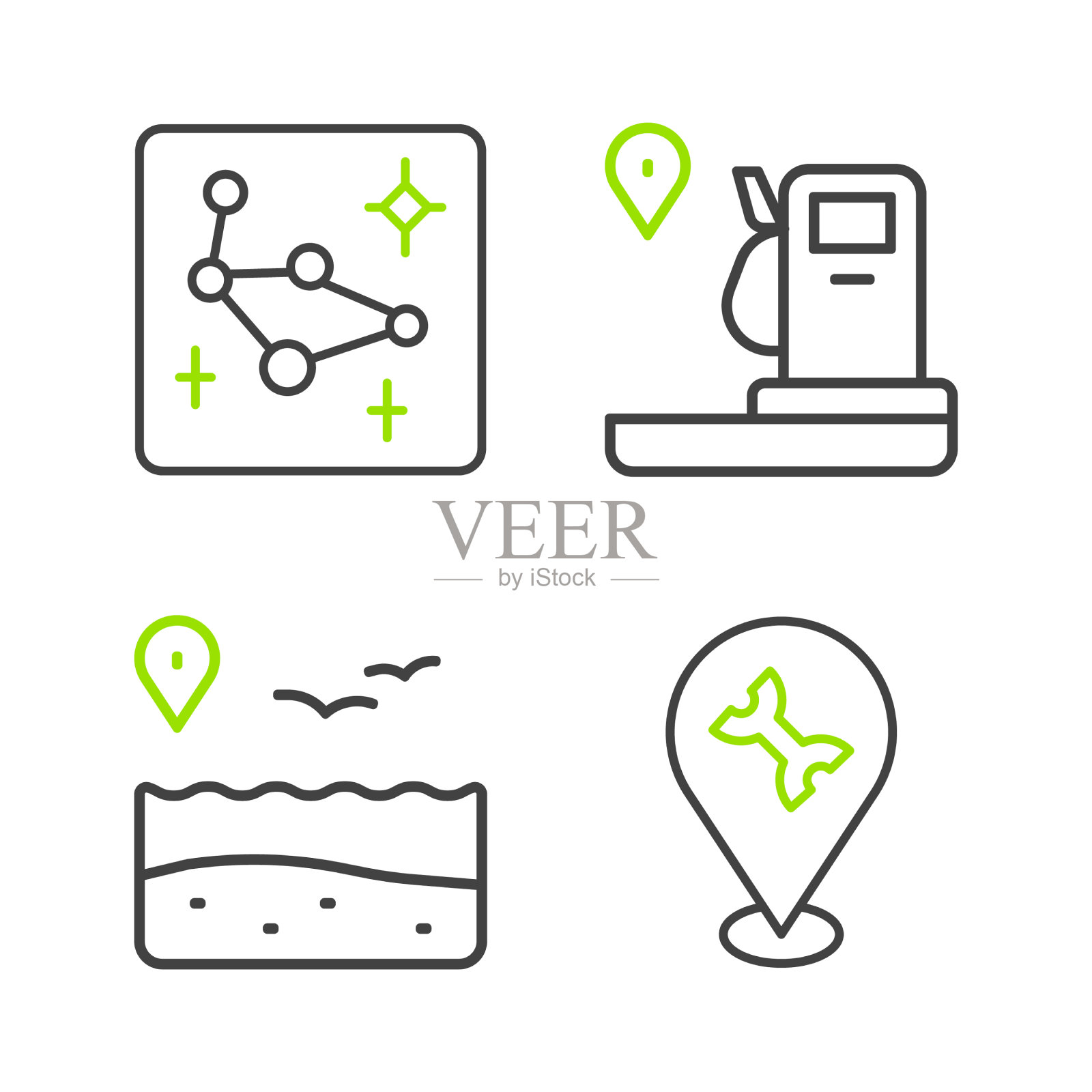 设置有沙滩和汽油的线路汽车服务地点图标素材