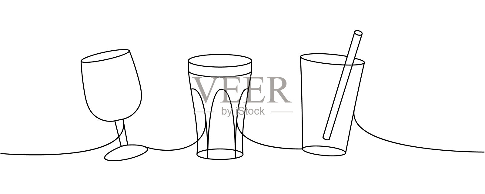 一套玻璃杯一线连续绘制。空玻璃杯连续一行插图。矢量线性图解。插画图片素材