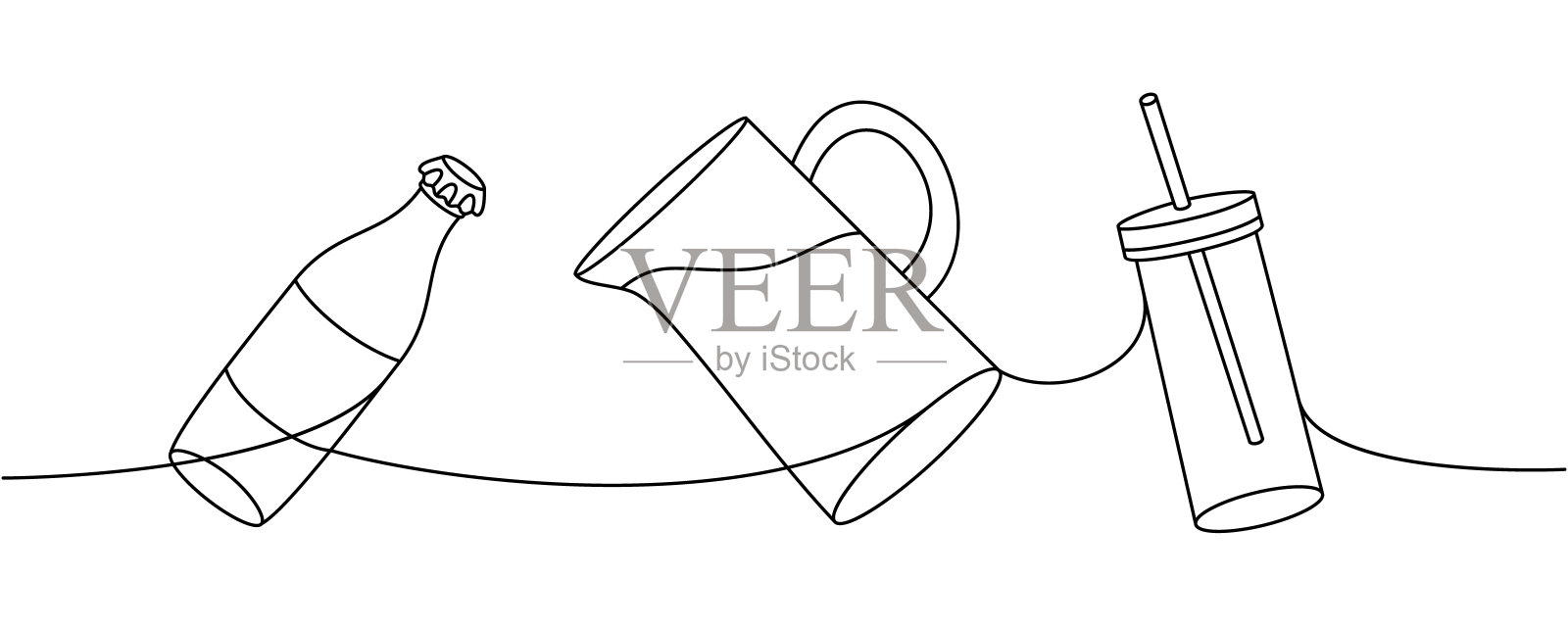 瓶一行连续拉丝。汽水瓶、玻璃壶和烧杯连续一行插图。矢量极简线性插图。插画图片素材