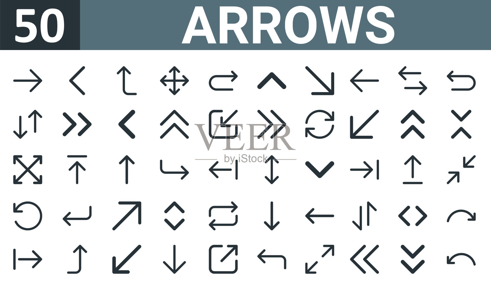 一套50轮廓网络箭头图标，如箭头右，角度左，向上，移动按钮，箭头右，角度向上，向下左箭头矢量薄图标的报告，演示，图表，网页设计，插画图片素材