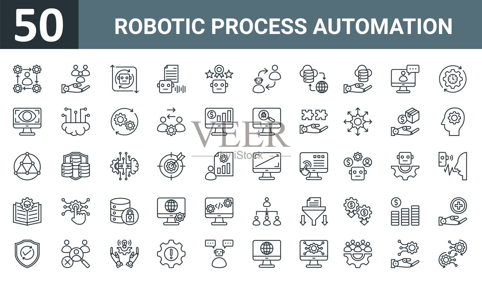一套50个大纲网络机器人过程自动化图标，如工作流，服务，重复，转录，声誉，位移，网络主机矢量薄图标报告，演示，图表，插画图片素材