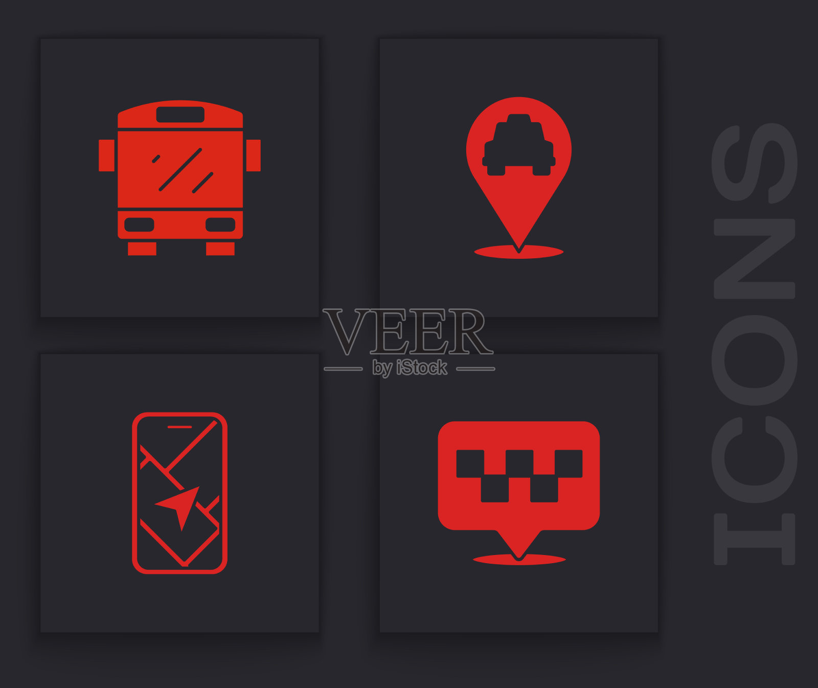 用出租车巴士和城市地图设置位置图标素材