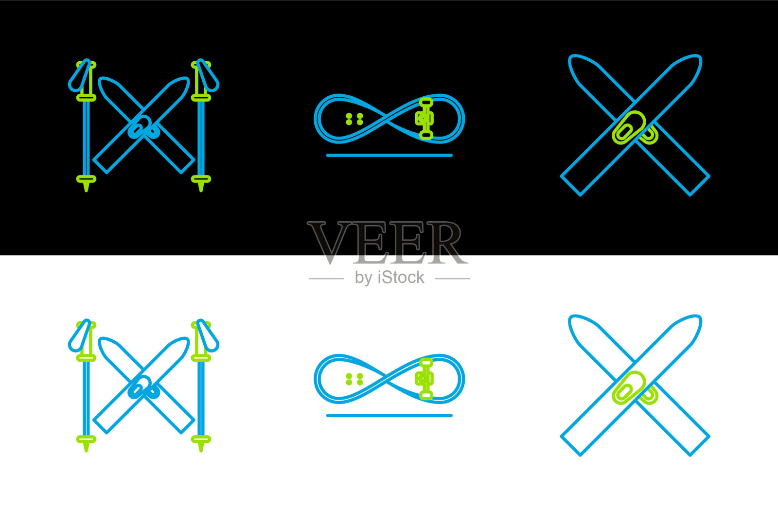 设置线滑雪和棍子和滑板把戏图标图标素材
